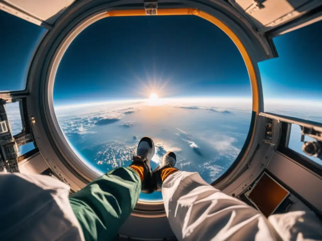 Explorando la soledad y la belleza del espacio: astronautas en la ISS Astronautas en la Estación Espacial Internacional contemplando la Tierra al atardecer, destacando la importancia de la salud mental en el espacio