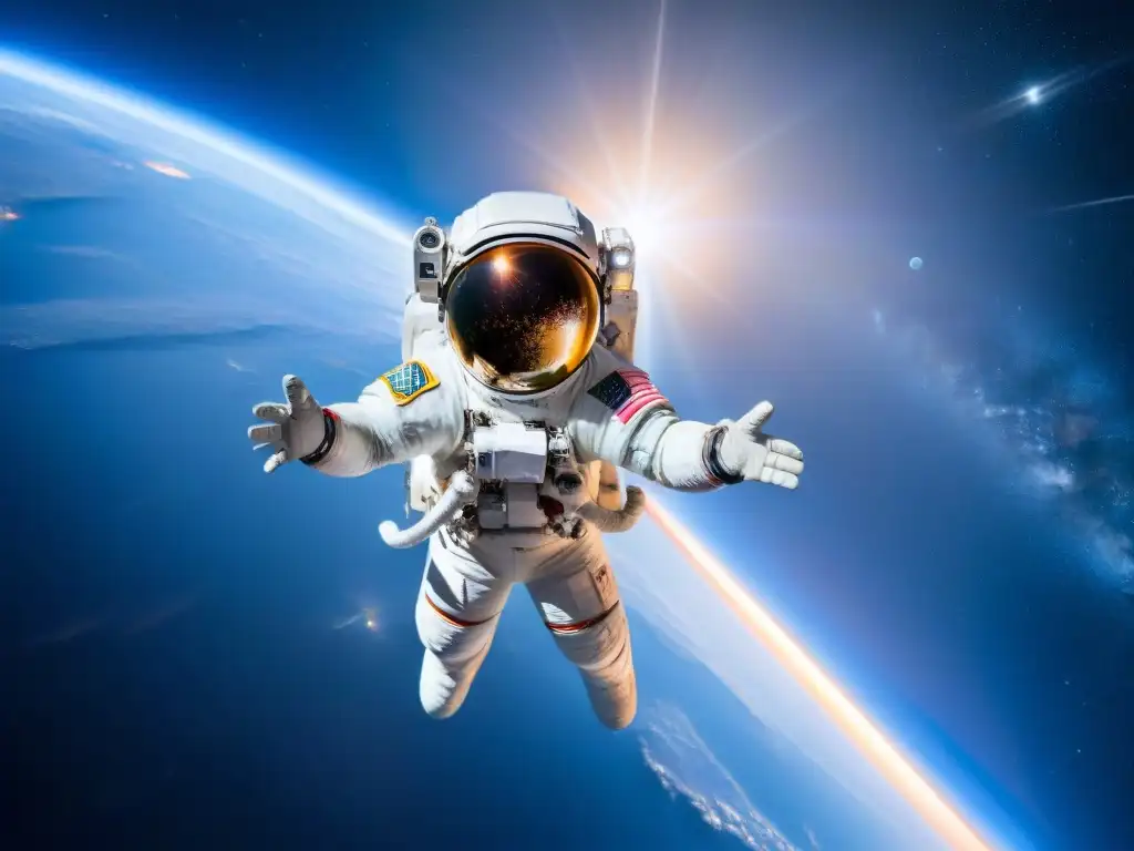 Astronautas en el espacio: belleza infinita y aislamiento Astronautas flotando en el espacio, rodeados de estrellas y galaxias, realizando actividades únicas en el espacio extraterrestre