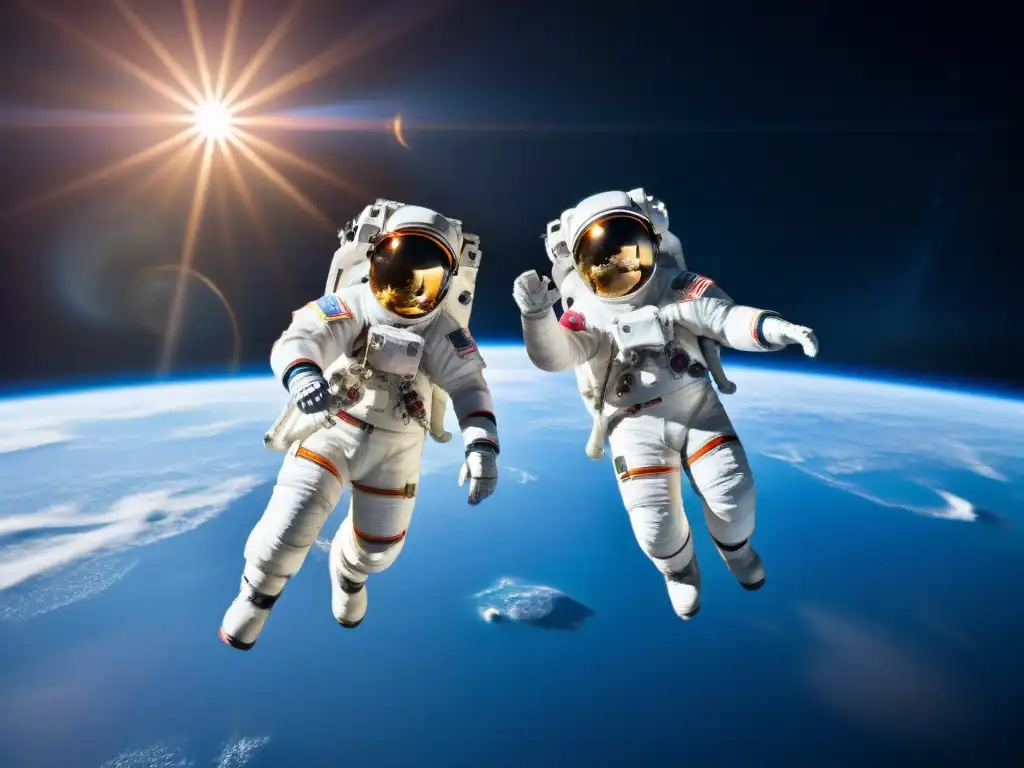 Dos astronautas flotan en el espacio con trajes avanzados, en competencia por el desarrollo de trajes espaciales en carrera comercial