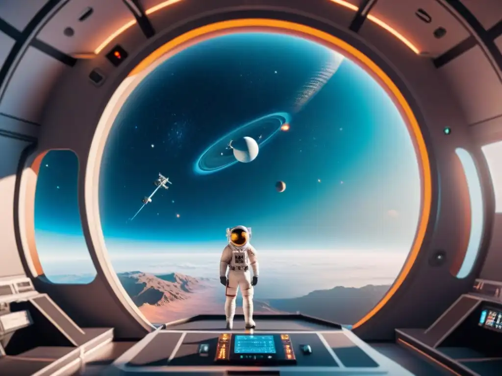 Astronautas realizan experimentos en una estación espacial futurista en órbita, mostrando tecnología avanzada