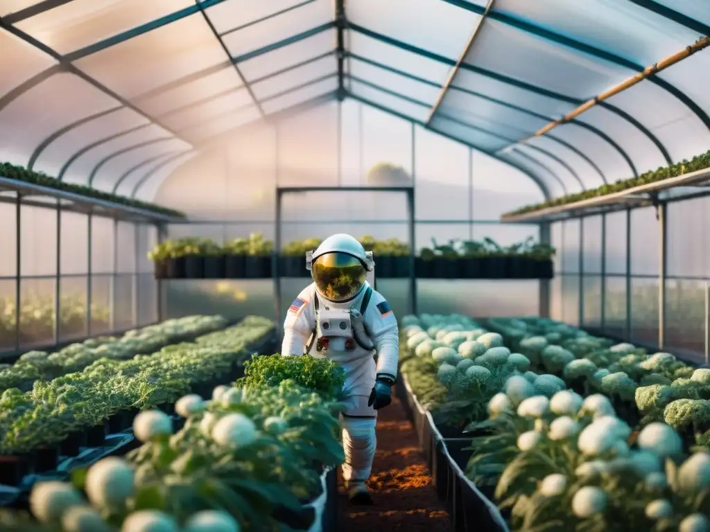 Astronautas cosechando en invernadero futurista en Marte con plantas alienígenas