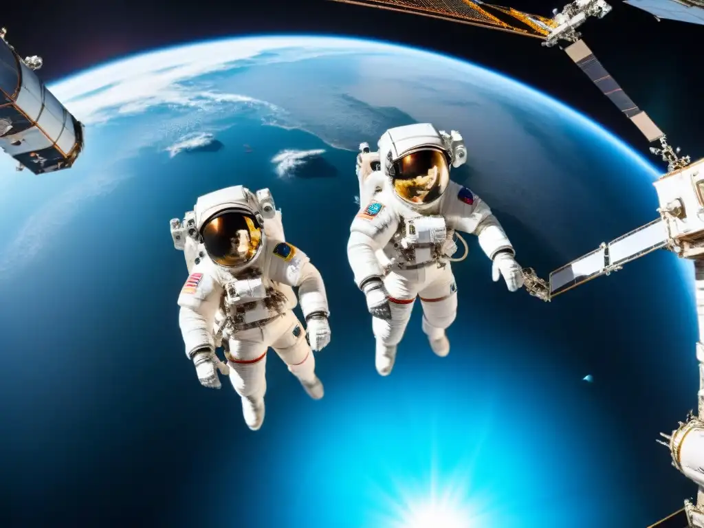 Astronautas trabajando juntos en la Estación Espacial Internacional, destacando la importancia de la cohesión espacial