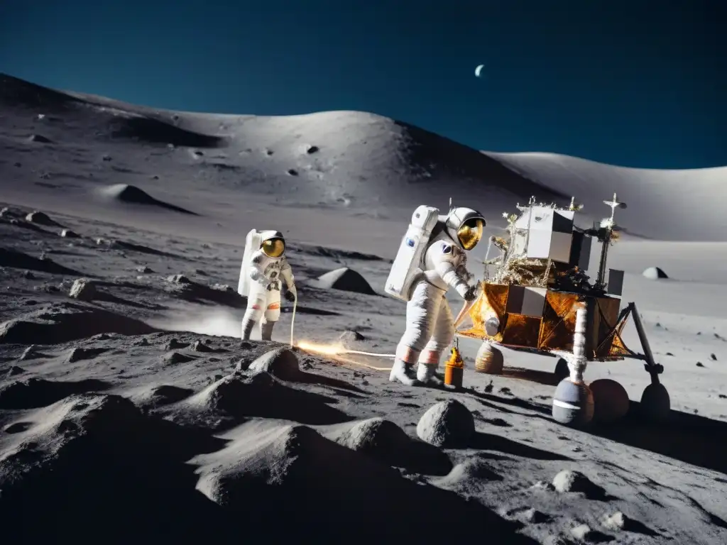 Astronautas colaborando en la Luna con la estación espacial Gateway Lunar brillando en órbita, destacando misiones de exploración espacial