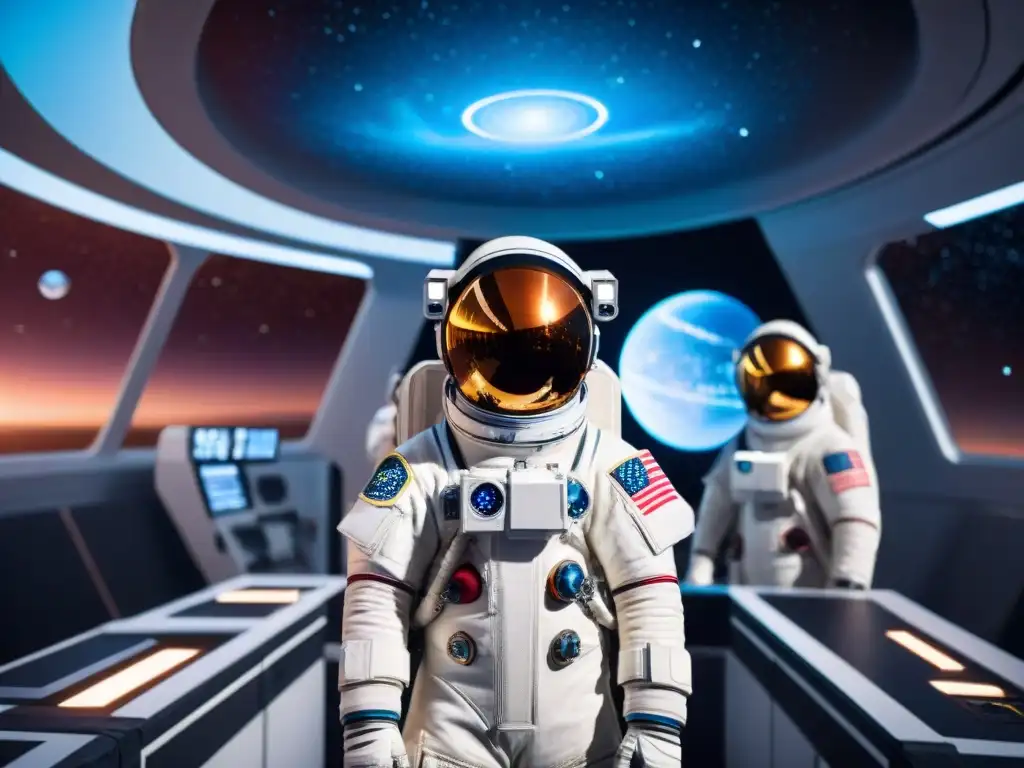 Astronautas en nave hightech con sistemas de IA para astronautas en misión espacial
