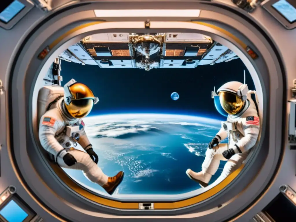 Exploración espacial: colaboración internacional en la ISS Astronautas de diferentes países colaboran en experimento dentro de la Estación Espacial Internacional, destacando la colaboración internacional en exploración espacial