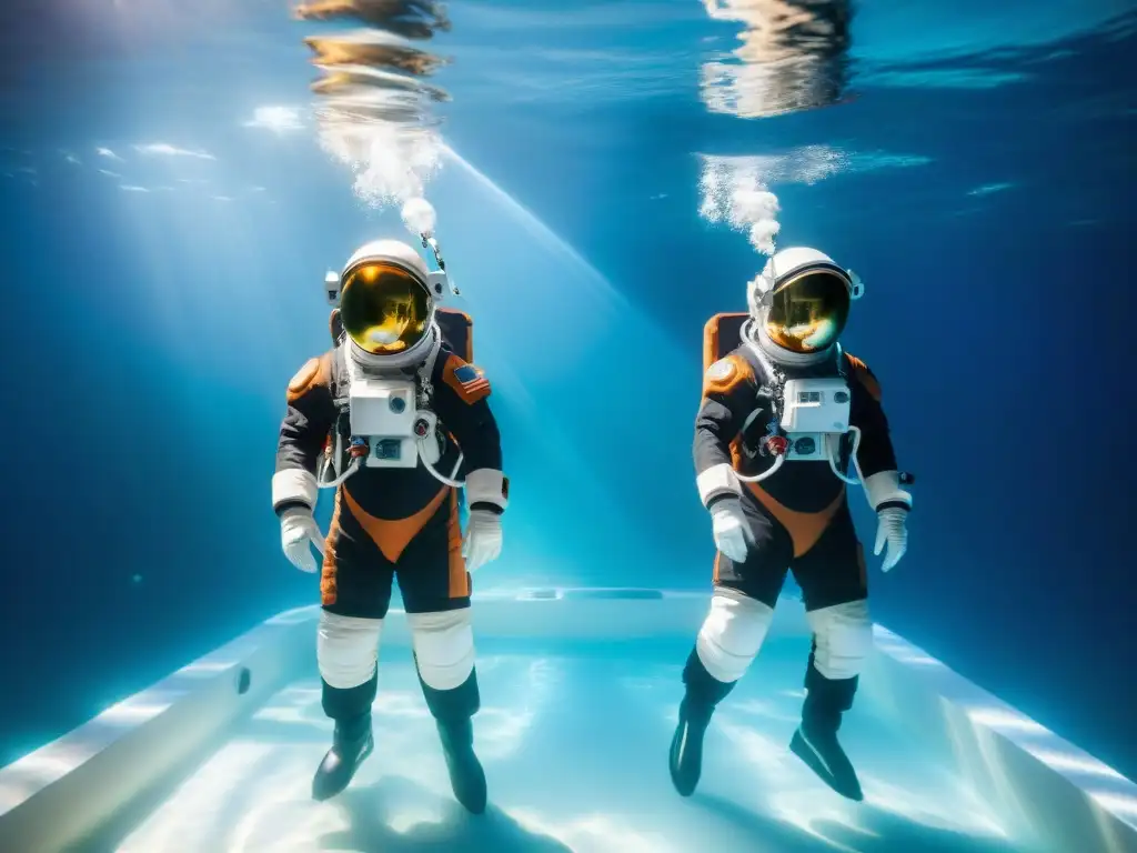 Astronautas en trajes espaciales entrenando bajo el agua en la NASA