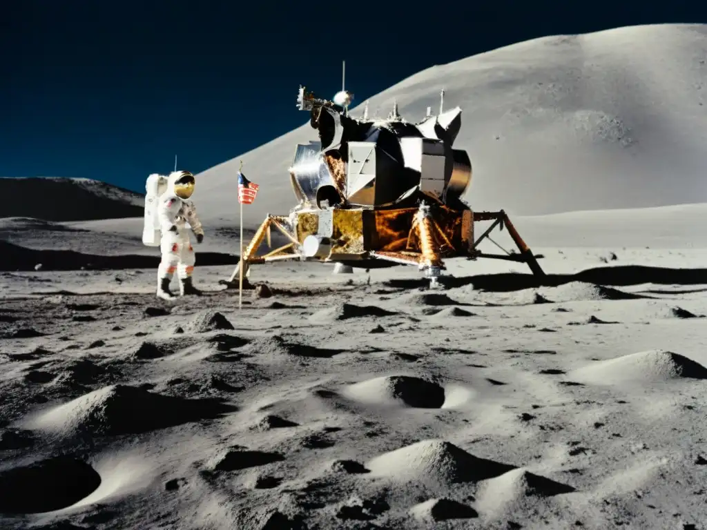 Dos astronautas en trajes espaciales plantan la bandera en la Luna, con la Tierra de fondo