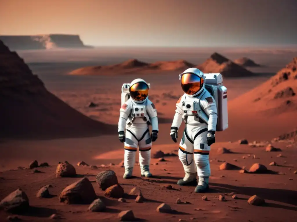 Astronautas en trajes espaciales futuristas realizando simulacro en Marte, mostrando preparación para misión a Marte