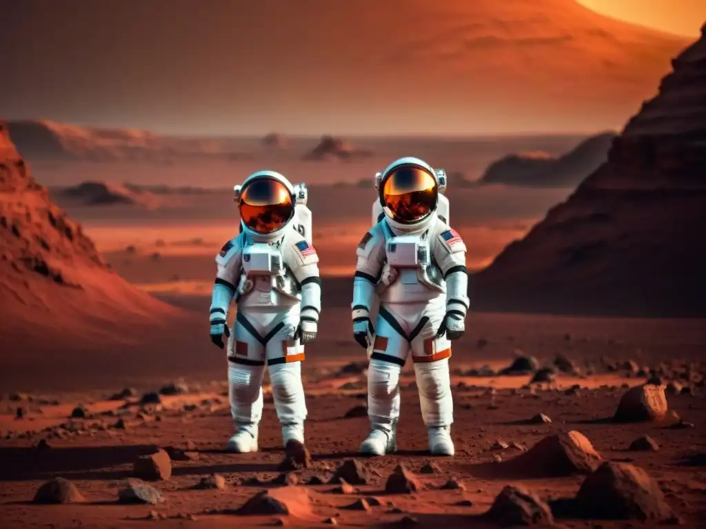 Exploración en Marte: astronautas en trajes futuristas, rodeados de equipo avanzado, con el planeta rojo de fondo al atardecer