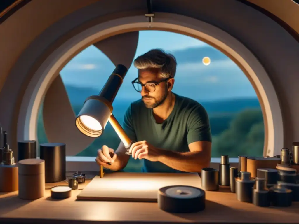 Un astrónomo aficionado construye un telescopio casero con materiales sencillos en un taller acogedor y lleno de herramientas