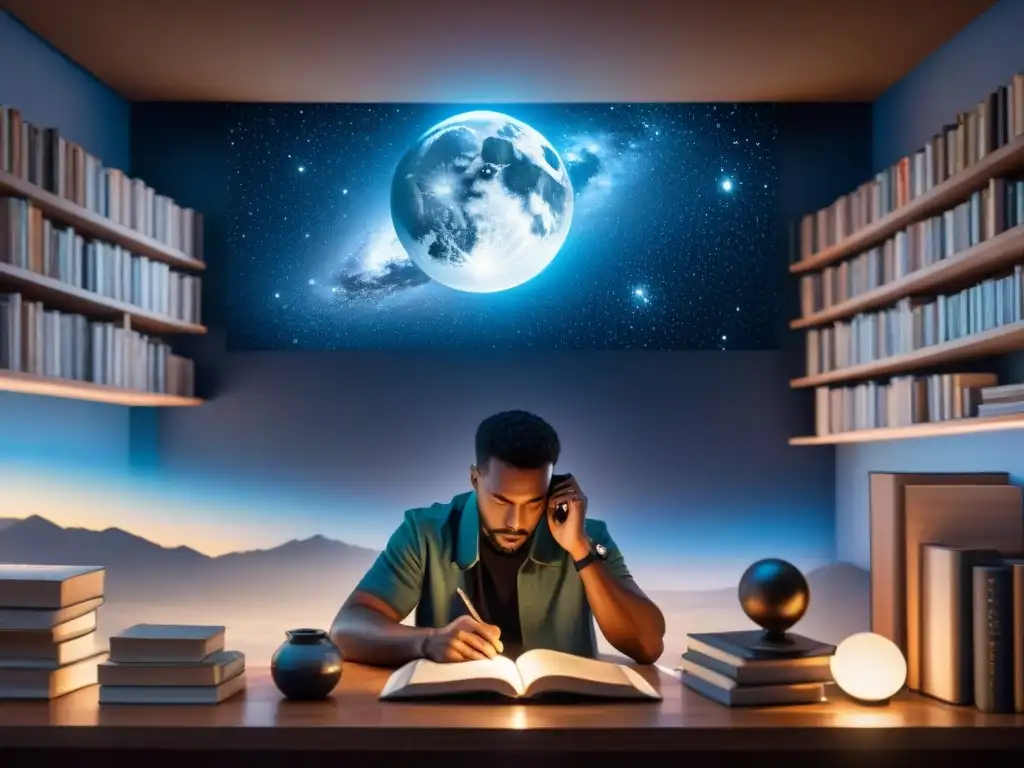 Un astrónomo apasionado observa el cielo nocturno rodeado de libros y gráficos estelares, fusionando conocimiento y curiosidad