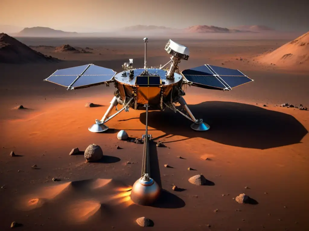 Aterrizador InSight de la NASA en Marte, paneles solares extendidos, paisaje rojo y tecnología avanzada