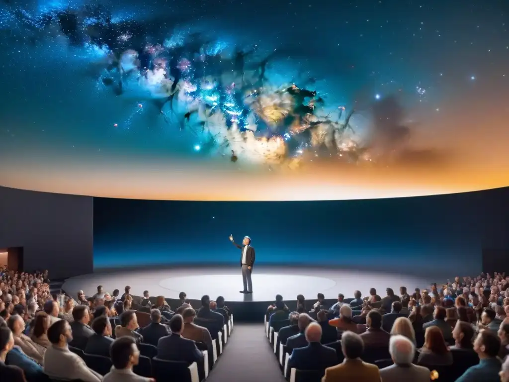 Carl Sagan cautiva a la audiencia con su divulgación de la ciencia espacial, rodeado de estrellas en el auditorio