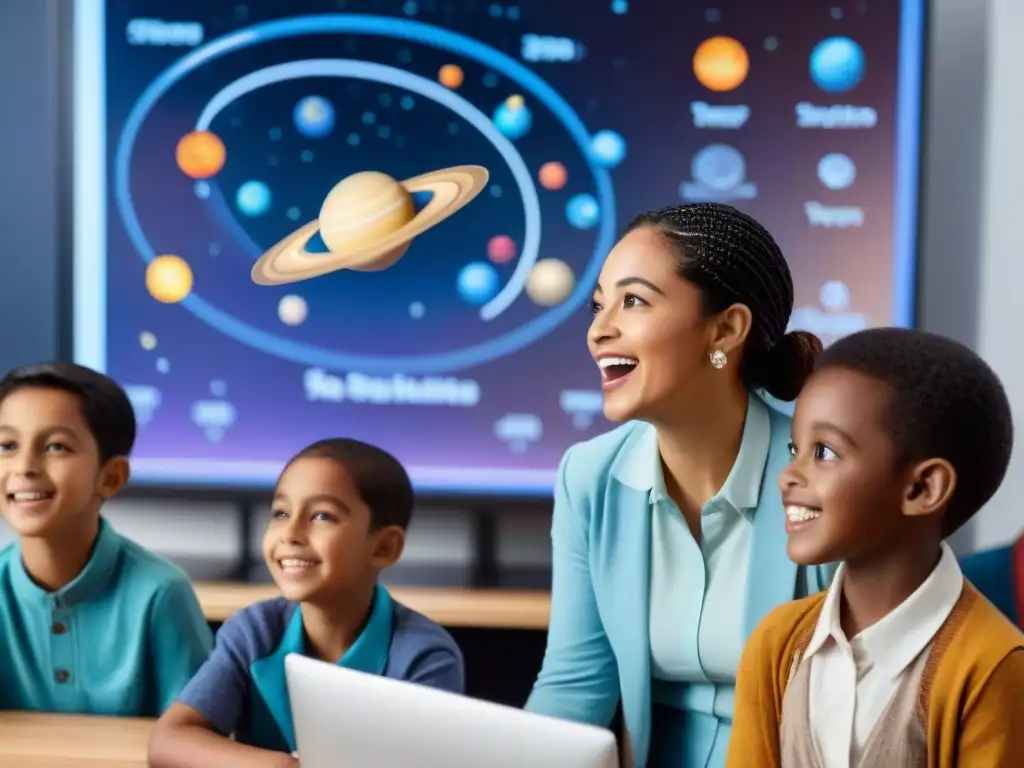 Exploración del sistema solar: clase interactiva Un aula llena de niños diversos, felices y curiosos, rodean una pantalla con simulación astronómica detallada