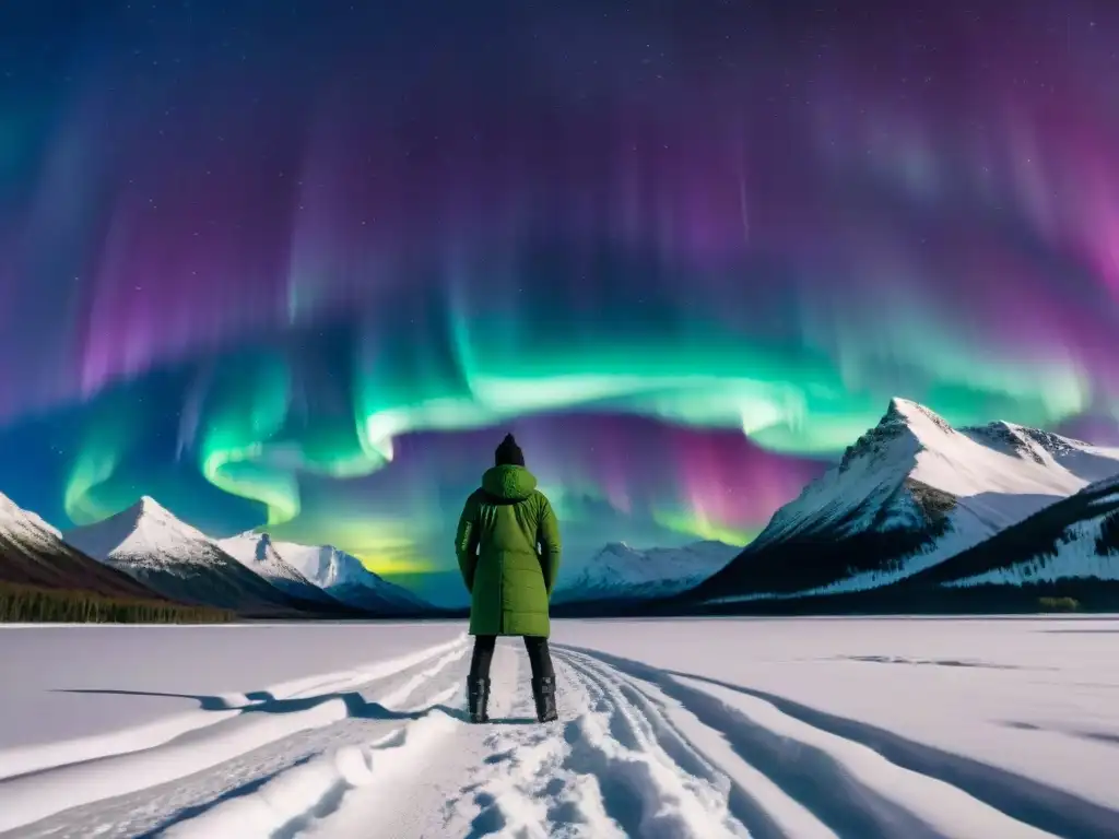 Auroras boreales causadas por tormentas: Deslumbrante baile de colores en el cielo nocturno sobre un paisaje nevado