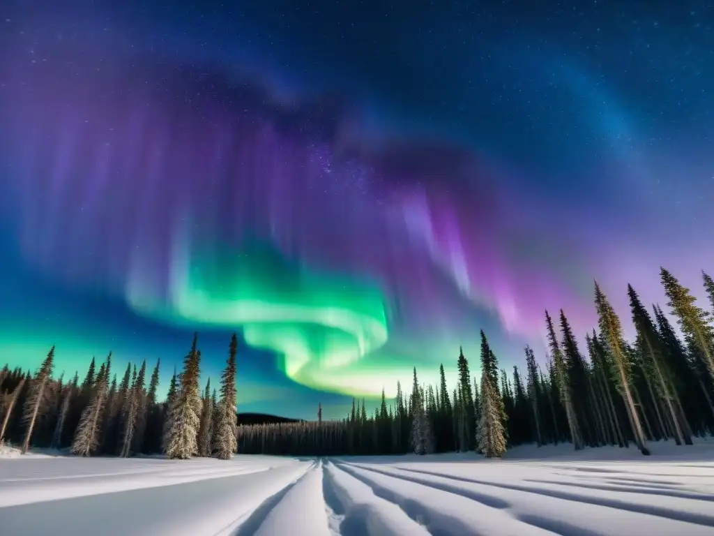 Auroras boreales fenómeno luminoso natural en la noche sobre paisaje nevado y árboles