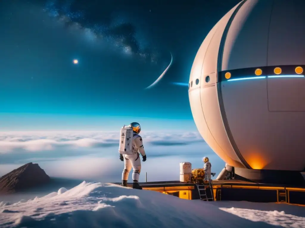 Avances en criogenia para exploración interplanetaria: astronautas durmiendo en cápsulas en estación espacial futurista