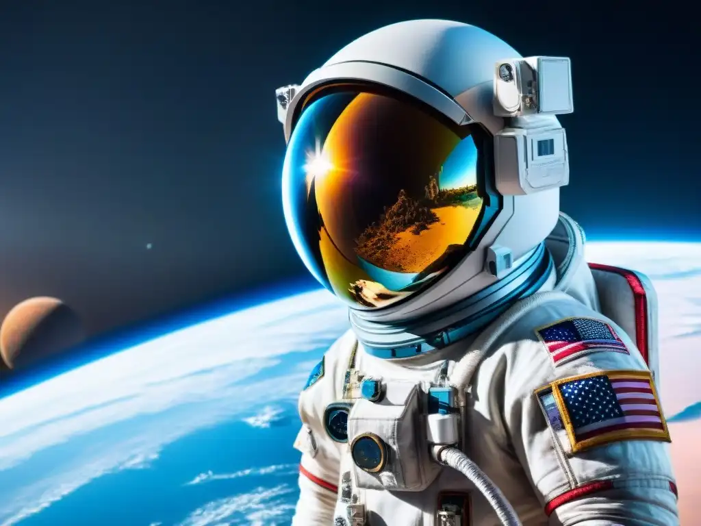 Avances en sistemas de visualización: Casco de astronauta con visor panorámico mostrando la Tierra desde el espacio