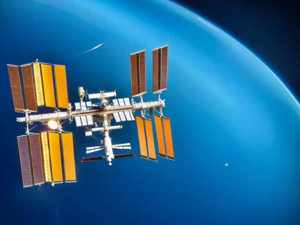 Avances tecnológicos en exploración espacial: la ISS orbita la Tierra con paneles solares brillantes y astronautas en caminata espacial