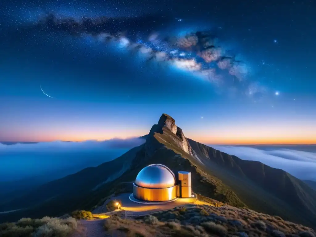 Avances telescopios observación cosmos: Conjunto de telescopios modernos en la cima de una montaña, apuntando al cielo estrellado