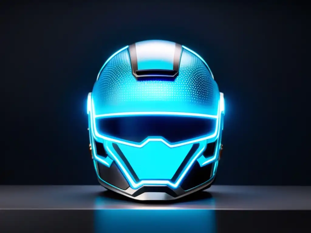 Avanzada evolución interfaz hombre máquina en casco futurista con patrones azules brillantes y ambiente tecnológico