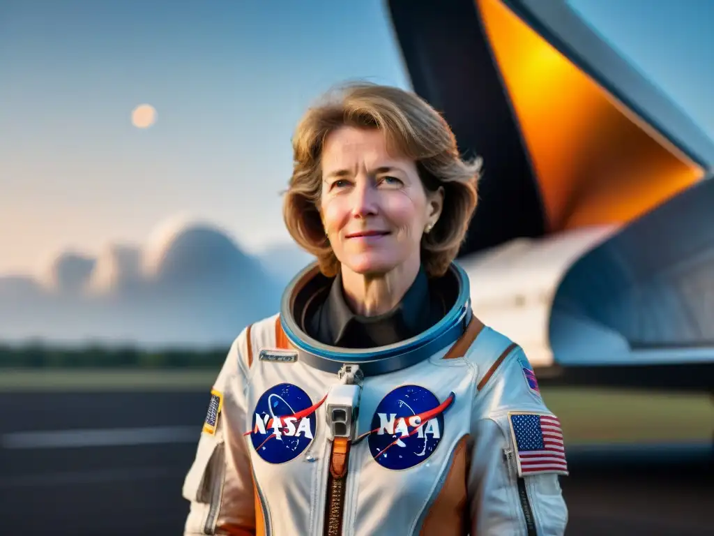 Eileen Collins Barrera del Género: Eileen Collins orgullosa frente al Transbordador Espacial con la Tierra de fondo al atardecer