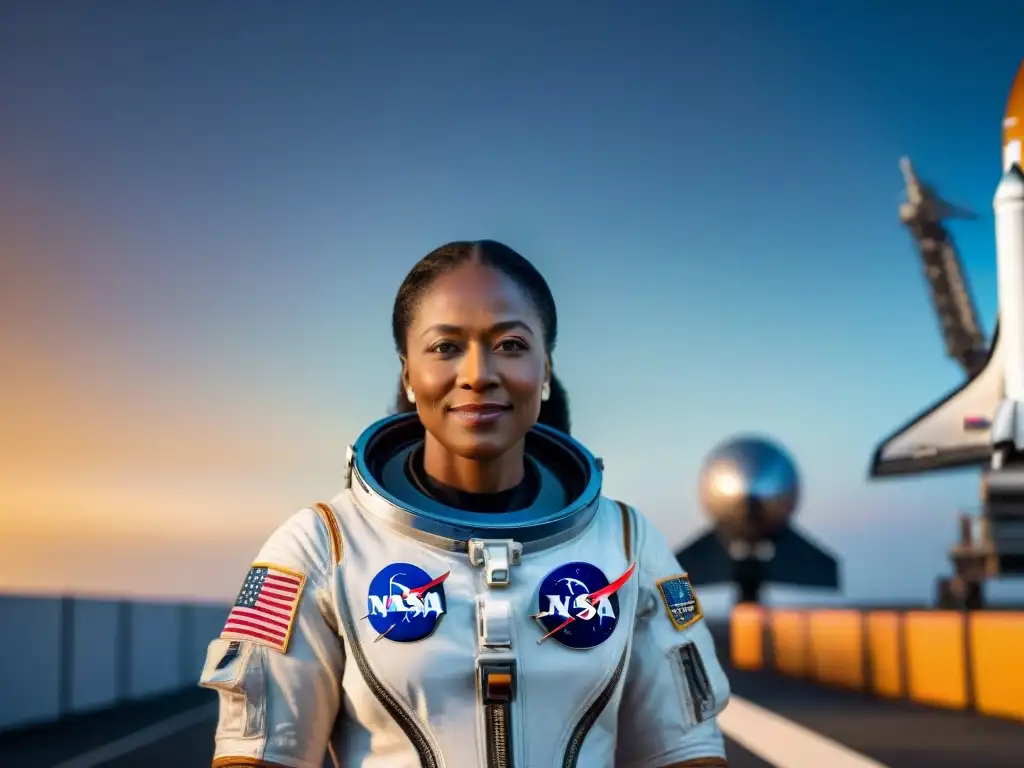 Mary Jackson desafiando barreras en la carrera espacial, luciendo determinación frente al transbordador espacial, con la Tierra de fondo