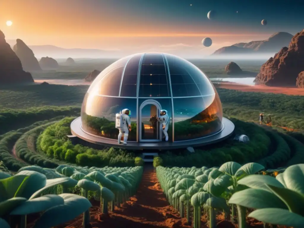 Una base espacial sostenible para colonización, con astronautas investigando y cultivando en un hábitat futurista en el espacio