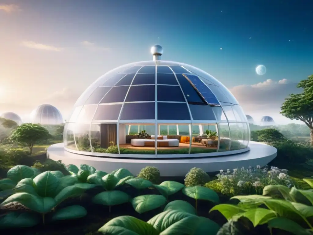 Una base espacial sostenible para colonización, con vegetación exuberante, paneles solares y arquitectura futurista en armonía con el entorno