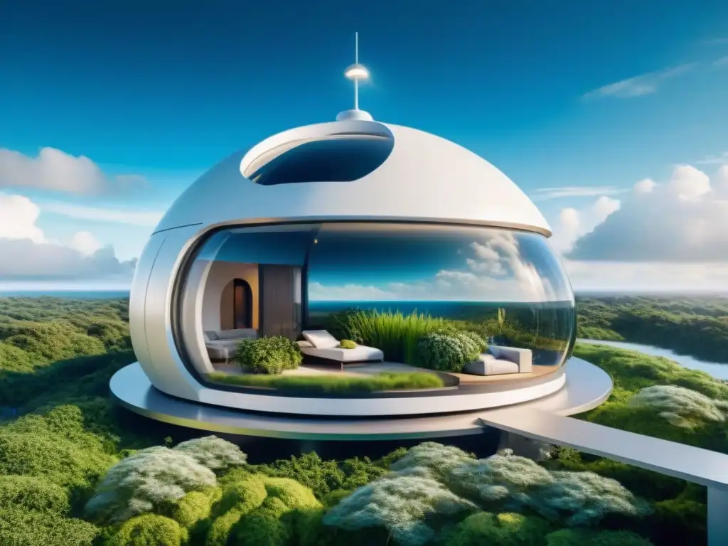 Una base espacial sostenible para colonización, con diseño futurista, vegetación integrada y luz natural