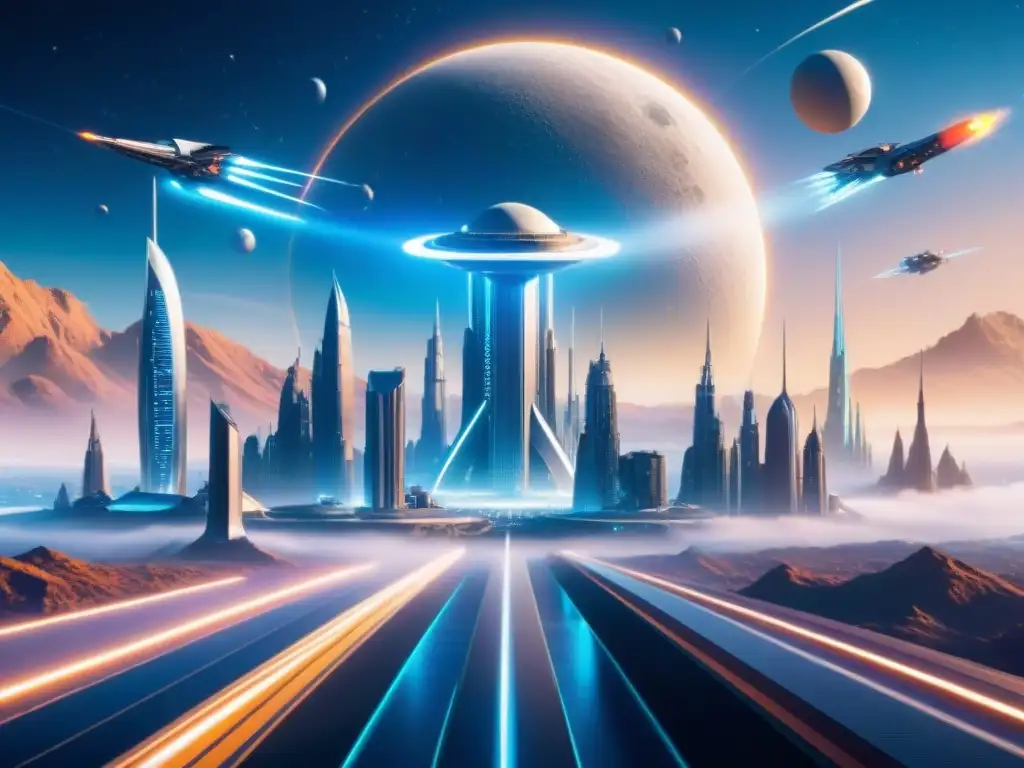 Bello paisaje urbano futurista en un planeta remoto, con rascacielos metálicos brillantes bajo múltiples lunas en un cielo estrellado