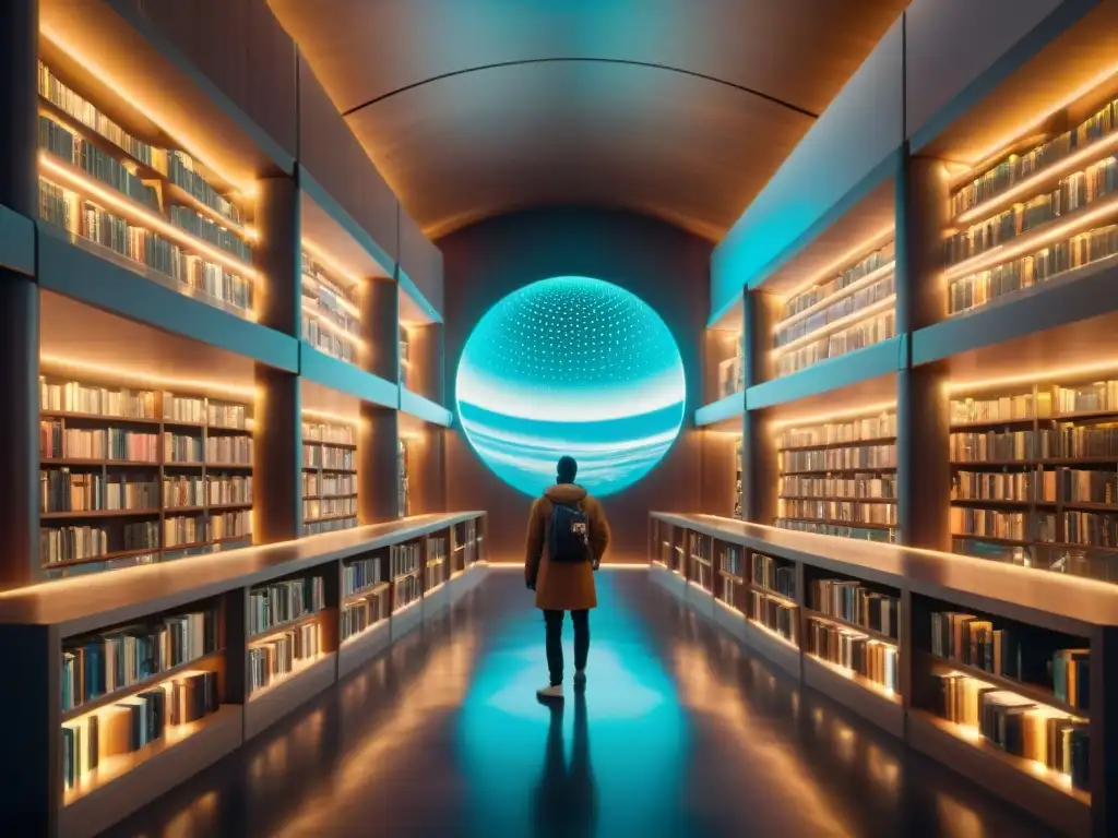 Una biblioteca alienígena futurista llena de libros holográficos, rodeada de energía pulsante