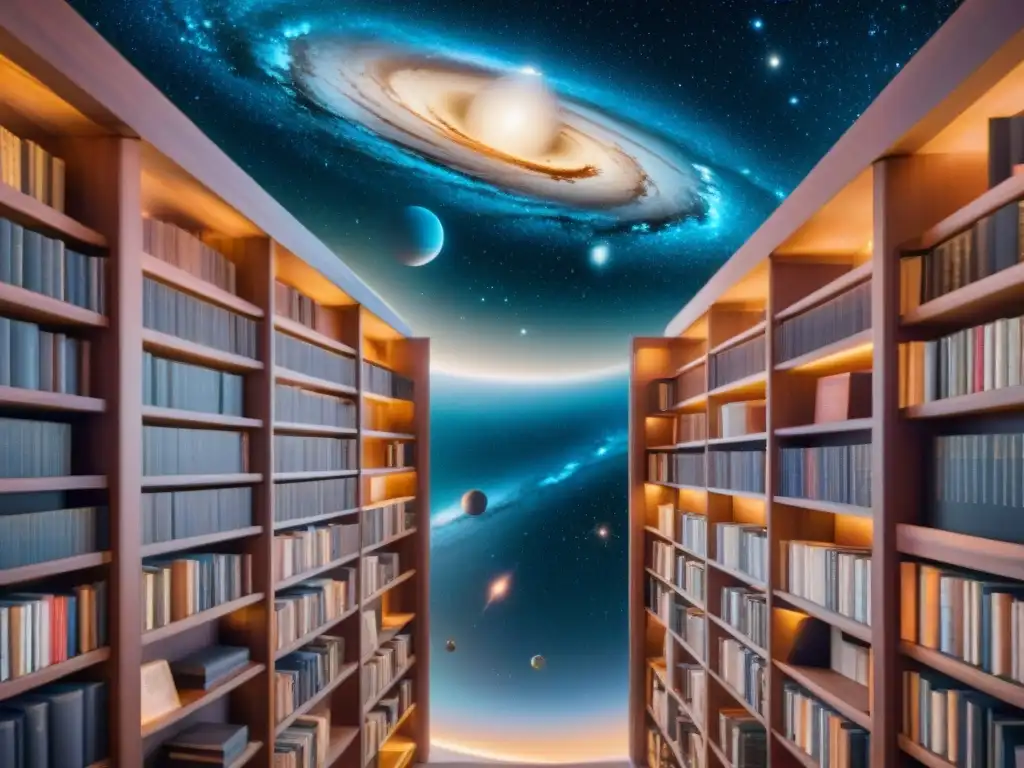 Una biblioteca cósmica en el espacio, libros brillantes con diseños galácticos