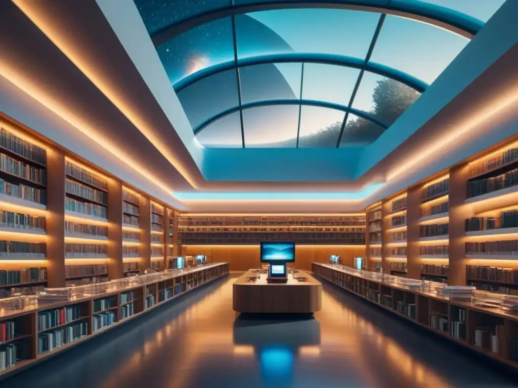 Una biblioteca espacial futurista llena de libros sobre IA, exploración espacial y tecnología, iluminada por luz etérea