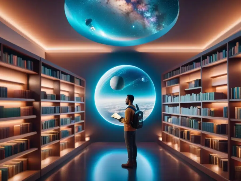 Una biblioteca espacial futurista llena de libros holográficos flotantes que representan la relación entre humanos y la IA