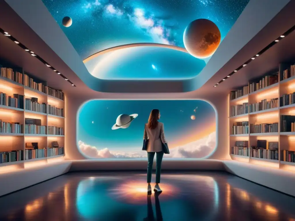 Una biblioteca espacial futurista llena de libros holográficos en gravedad cero, con exploradores del futuro maravillados