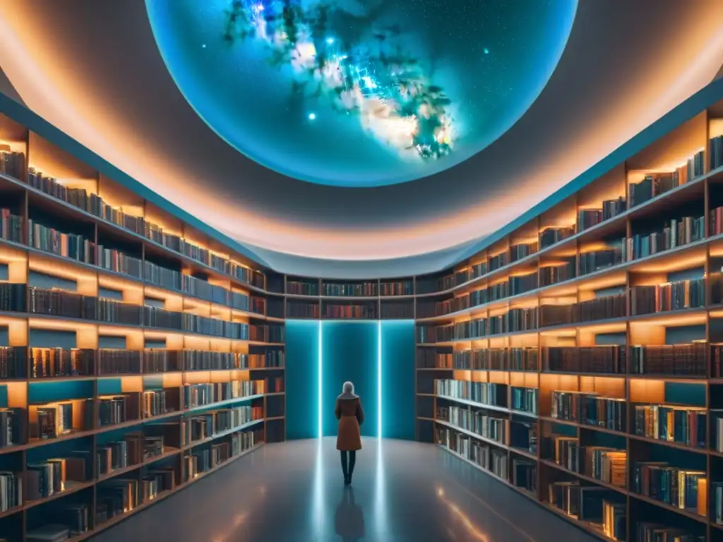 Una biblioteca futurista en el espacio con libros holográficos, robots bibliotecarios y vistas galácticas