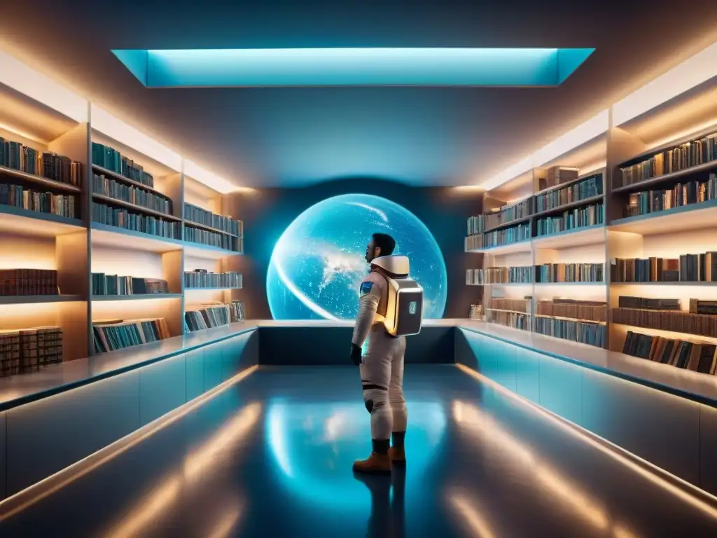 Una biblioteca futurista en el espacio con libros de ciencia ficción