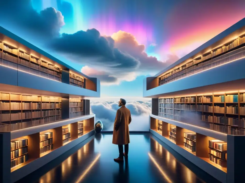 Una biblioteca futurista flotando en el espacio, repleta de libros de ciencia ficción y filosofía para cuestionar