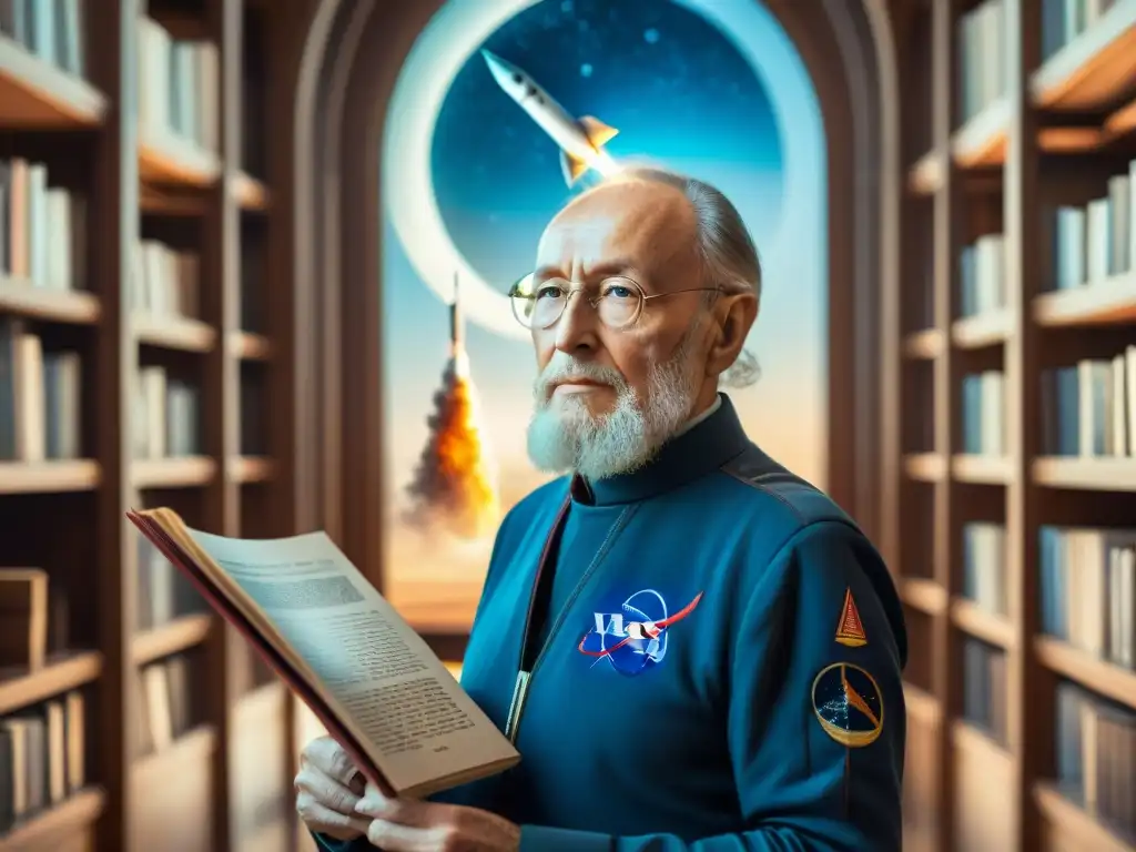 Konstantin Tsiolkovsky en una biblioteca llena de libros sobre exploración espacial, con un plano de cohete en la mano