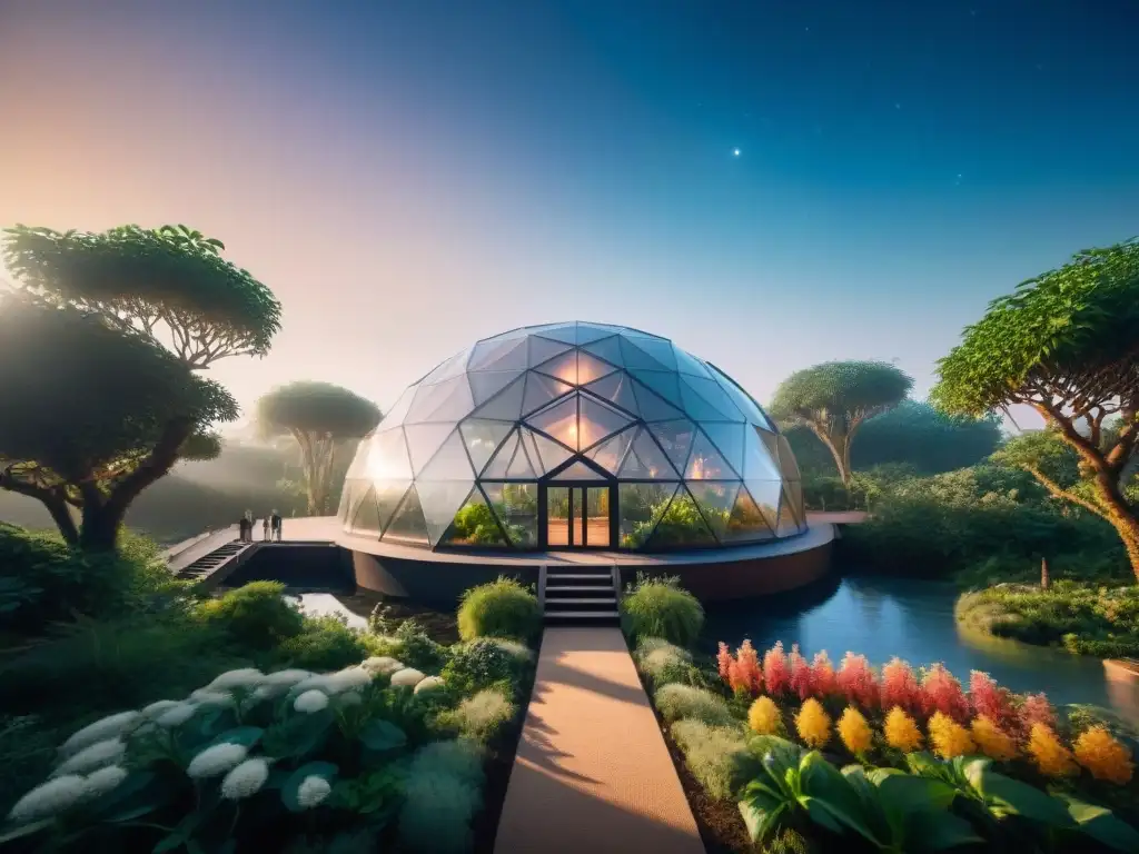 Un biodomo futurista en una estación espacial, con ecosistemas cerrados para vida espacial, lleno de flora y fauna en armonía