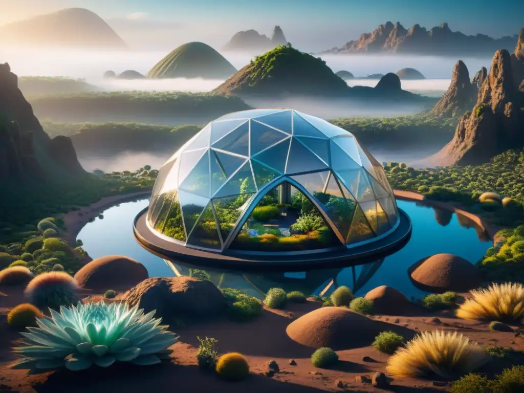 Un biodomo futurista en un planeta alienígena, muestra ecosistema exótico