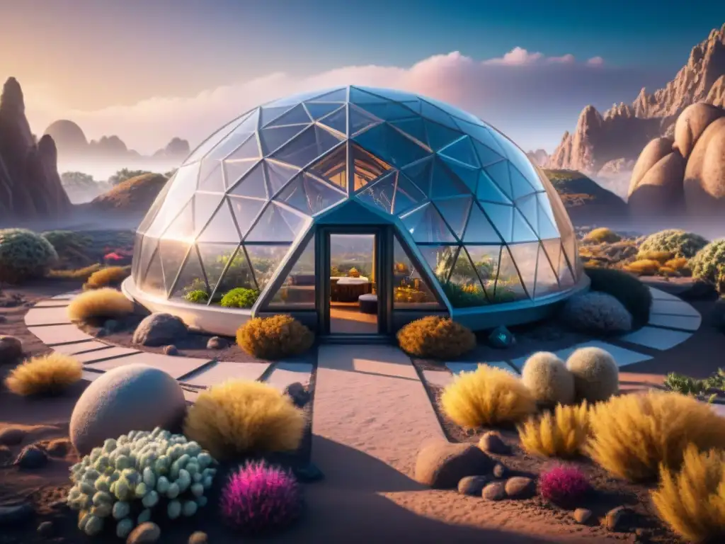 Un biodomo futurista transparente en un planeta alienígena, con tecnología avanzada para vida extraterrestre y ecosistema sostenible