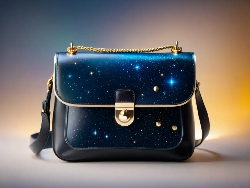 Un bolso de cuero negro con mapa estelar en medio de un universo brillante, ideal para bolsos con mapas estelares