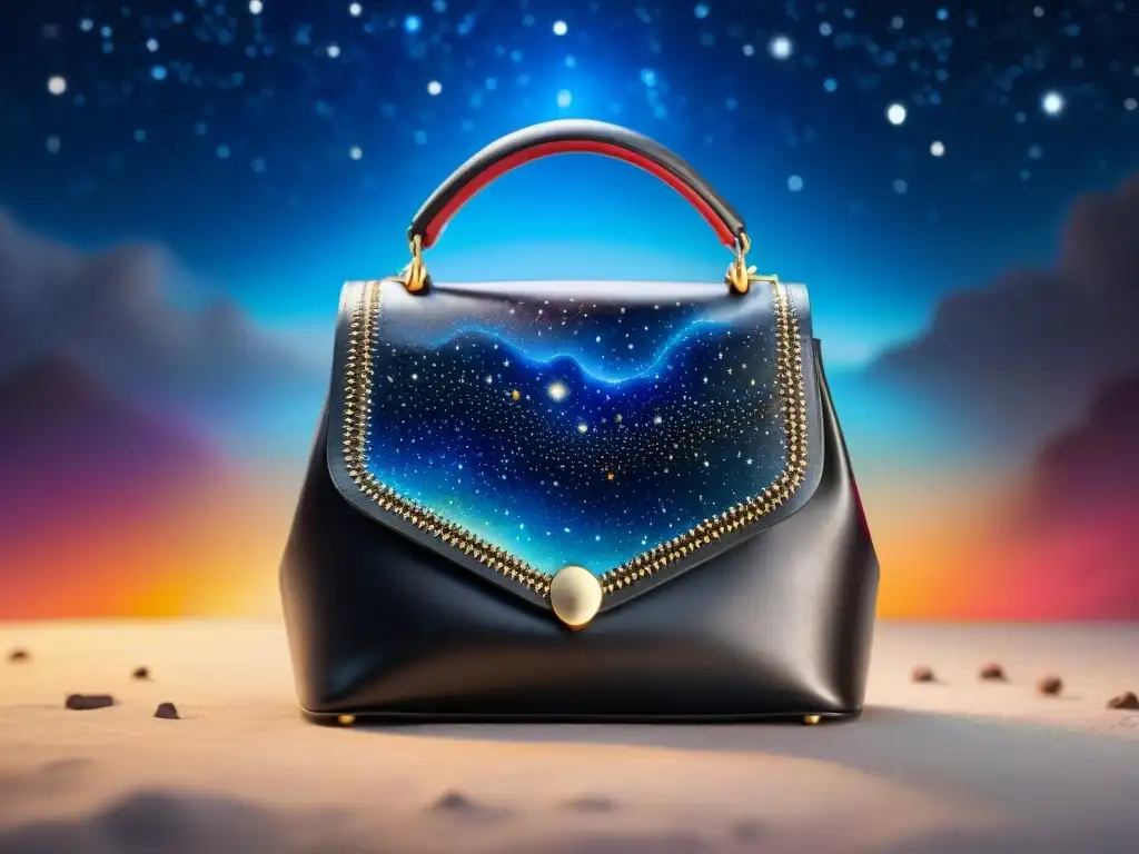 Bolso de cuero negro con mapa estelar detallado, fusionando moda y elementos celestiales