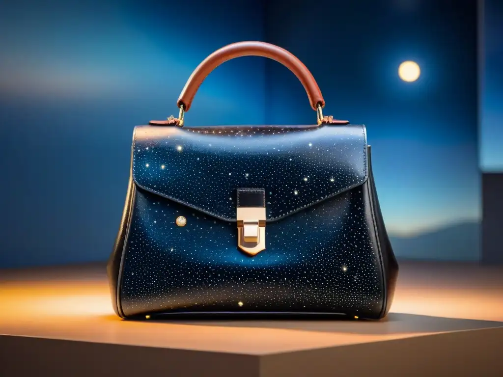 Un bolso negro de cuero con mapa estelar grabado, en un fondo estrellado y brillante