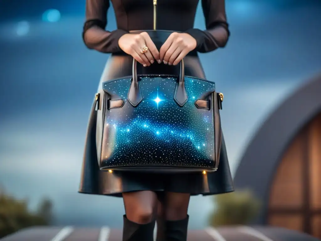 Bolso negro con diseño de constelaciones y mapa estelar holográfico en un fondo cósmico, perfecto para los amantes de bolsos con mapas estelares