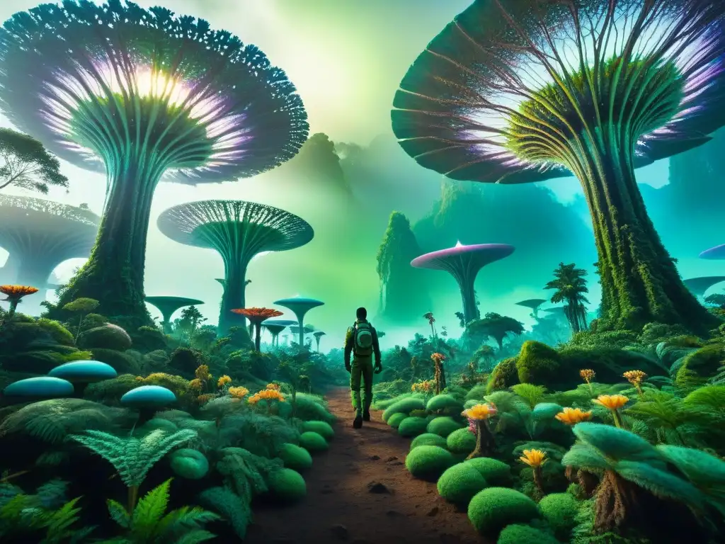 Un bosque alienígena exuberante y futurista donde especies humanoides conviven en armonía, reflejando conciencia ecológica en ciencia ficción