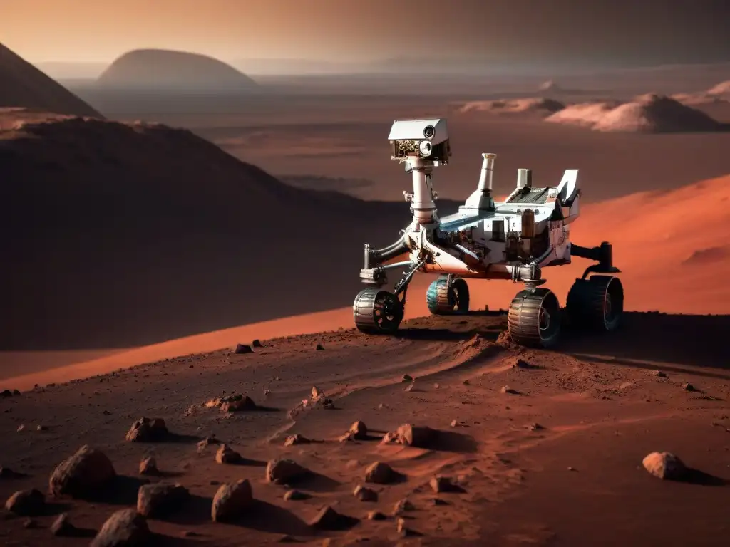Exploración robótica en Marte: brazo futurista en paisaje marciano Un brazo robótico avanzado se extiende hacia el paisaje marciano, iluminado por el atardecer