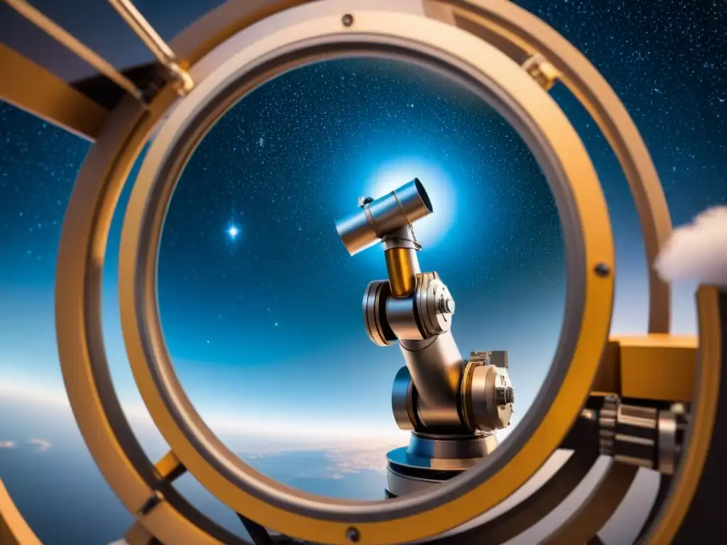 Montaje preciso de espejo en telescopio espacial Un brazo robótico posiciona un espejo en un telescopio espacial, reflejando galaxias